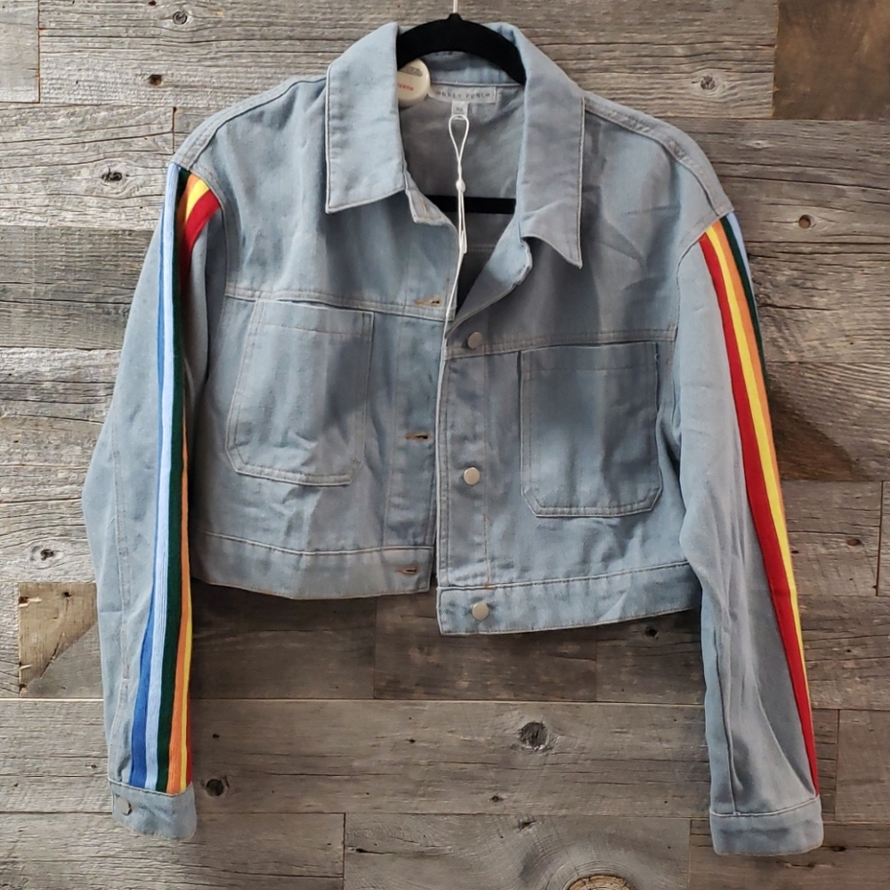 NWT Honey Punch light denim rainbow sleeve jacket
